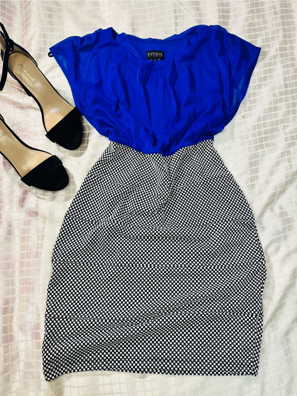 Enfocus Studio Blue Top with Black and White Polka Dot Skirt